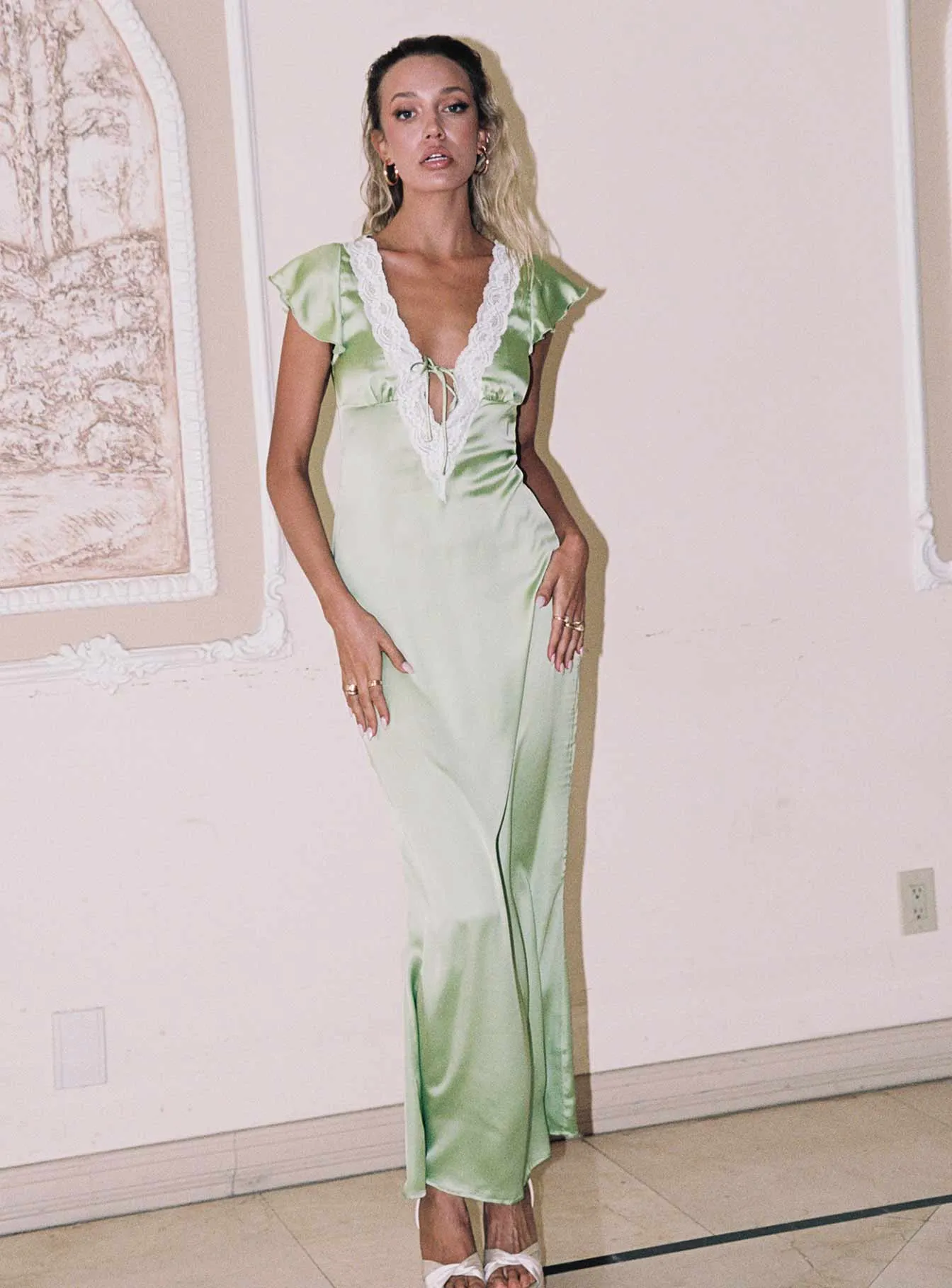 Armas Lace Trim Maxi Dress Green Retro Vibes