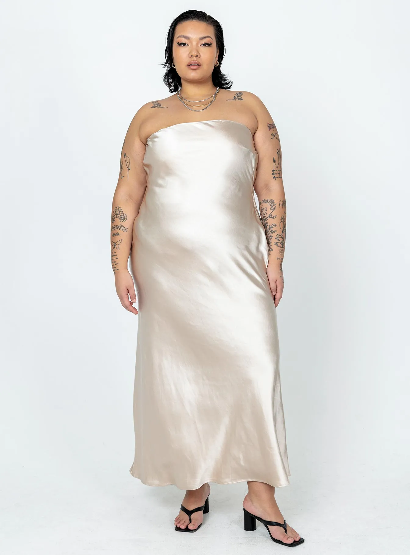 Haley Maxi Dress Champagne Curve Satin Soft Natural Fit
