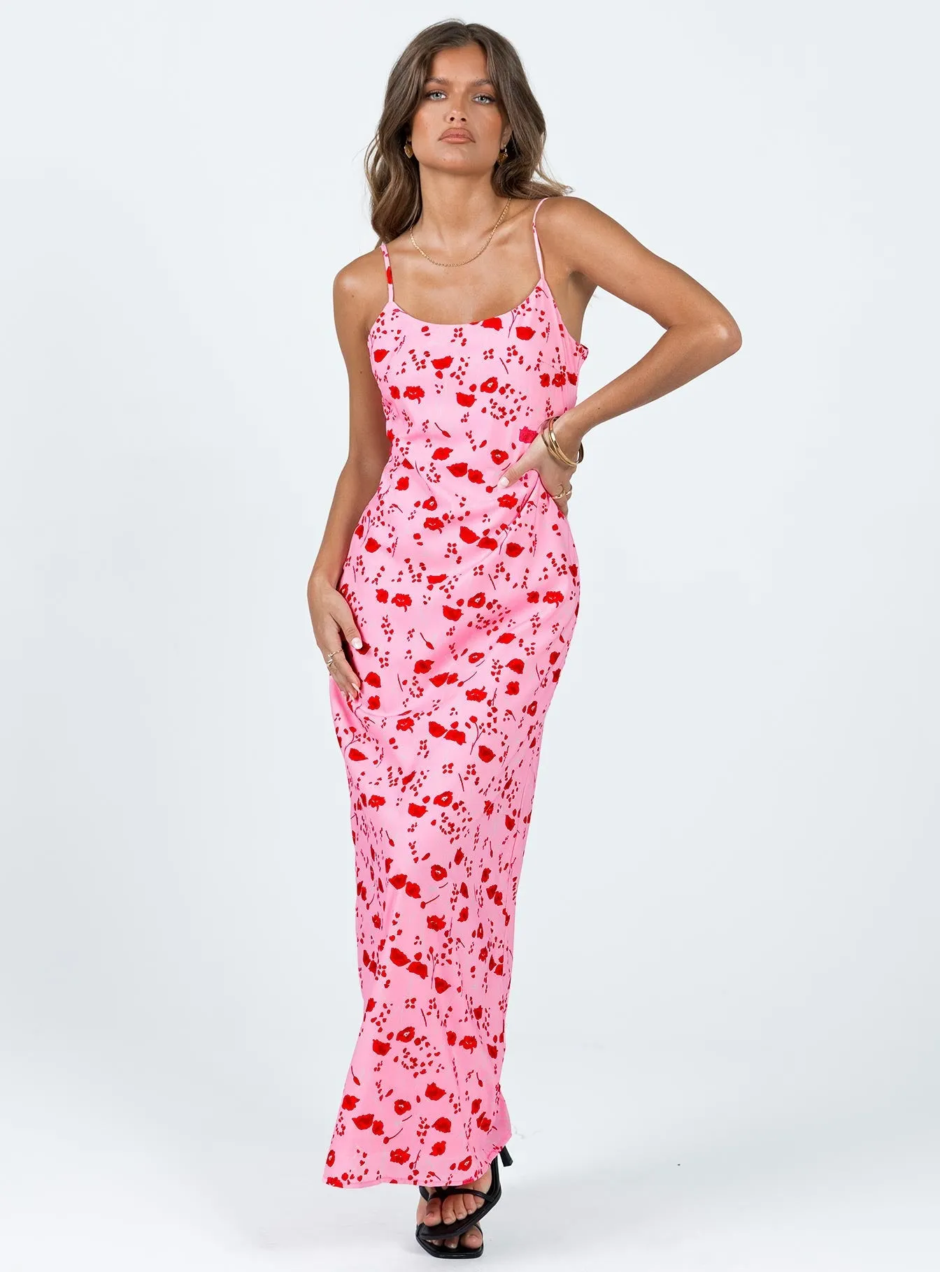 Cherry Dream Maxi Dress Pink Satin Layers