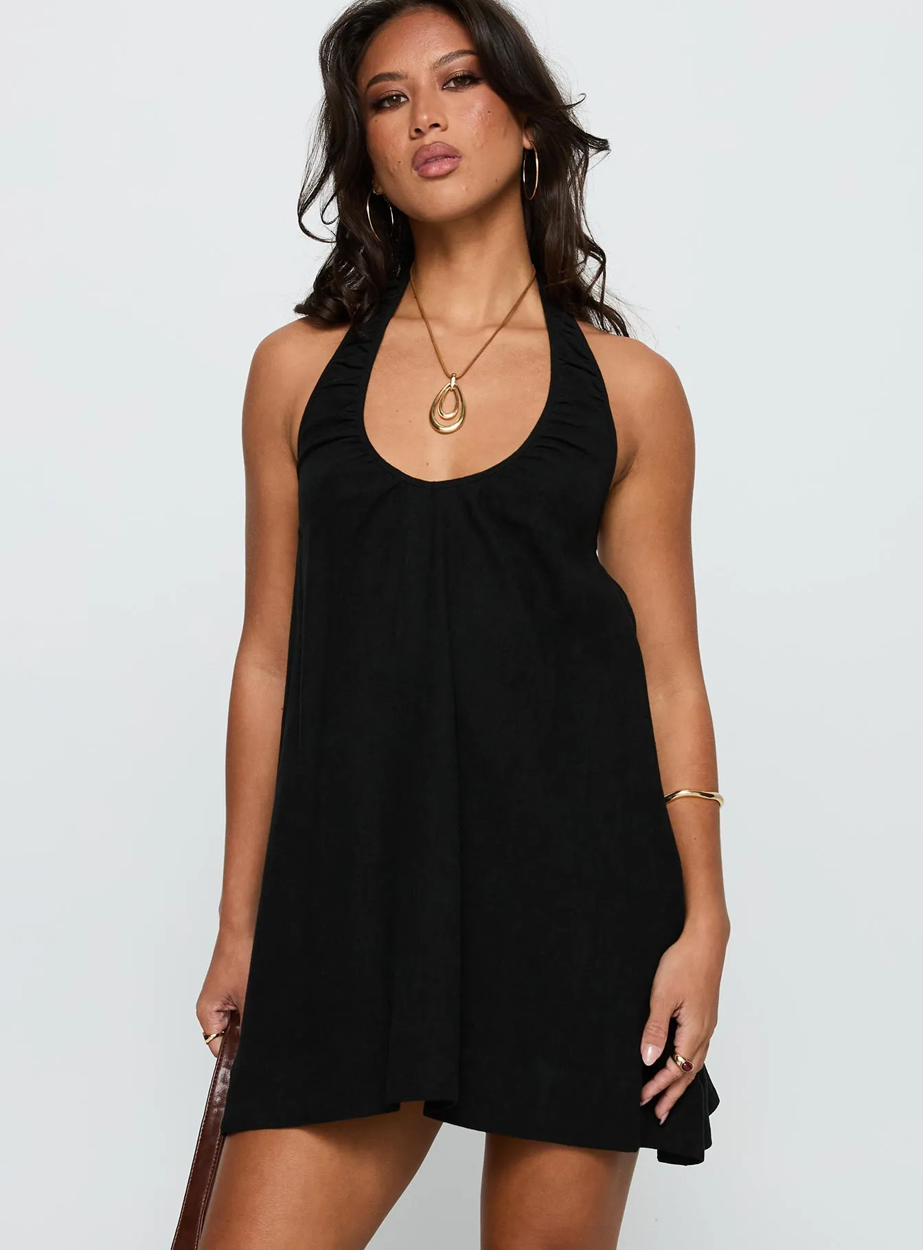 Daydreams Linen Blend Halter Mini Dress Black Comfortable and Chic City Mood