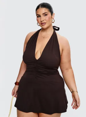 Inner Feel Rafelle Halter Mini Dress Brown Curve