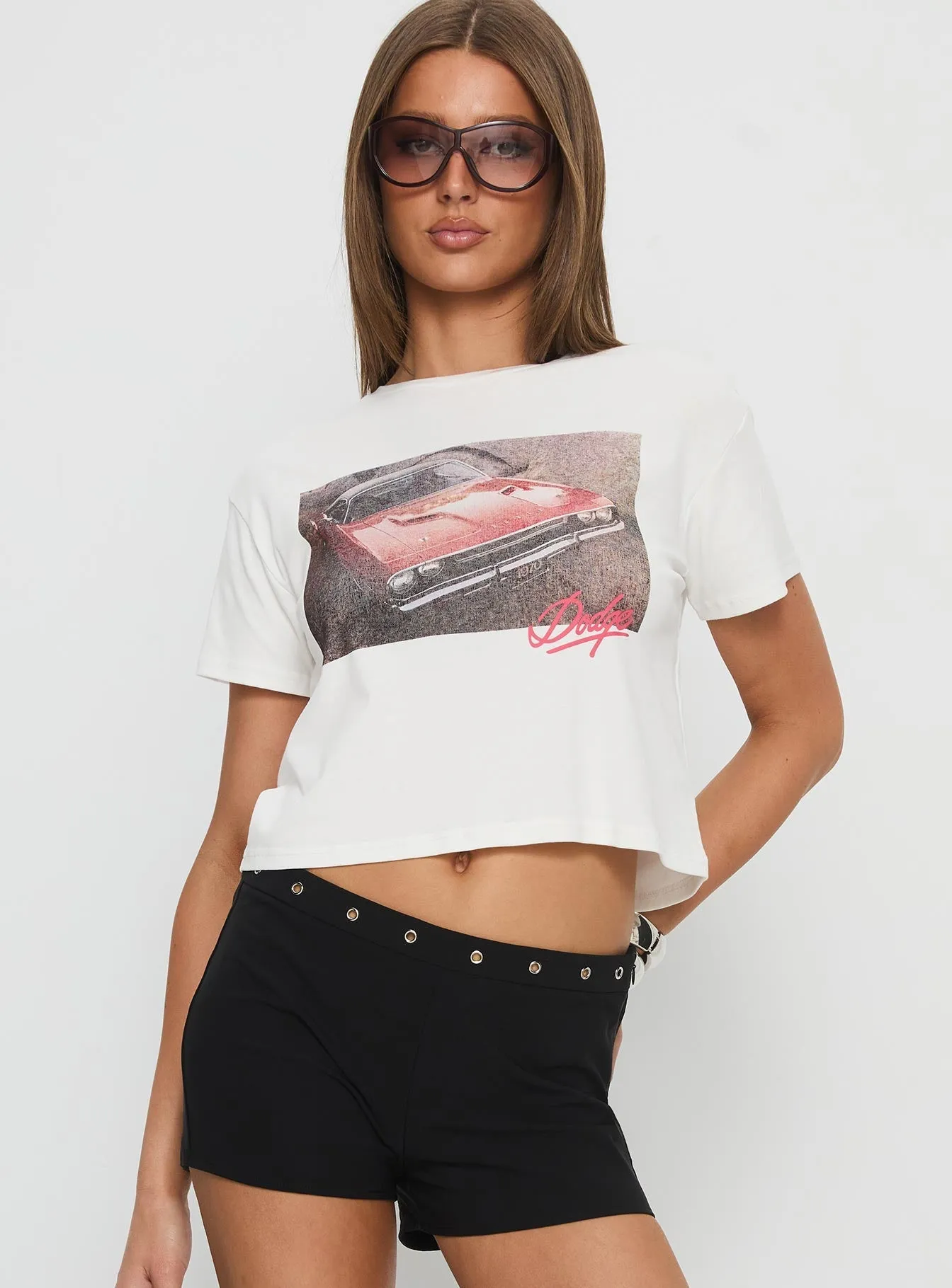Vibrant Colors SoftTouchFinish Dodge Girl Graphic Top White