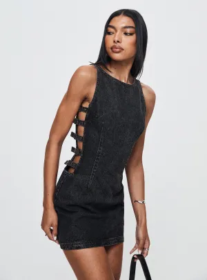 Trendy Wearable Flattering Comfort Wear Chatter Buckle Side Denim Mini Dress Charcoal