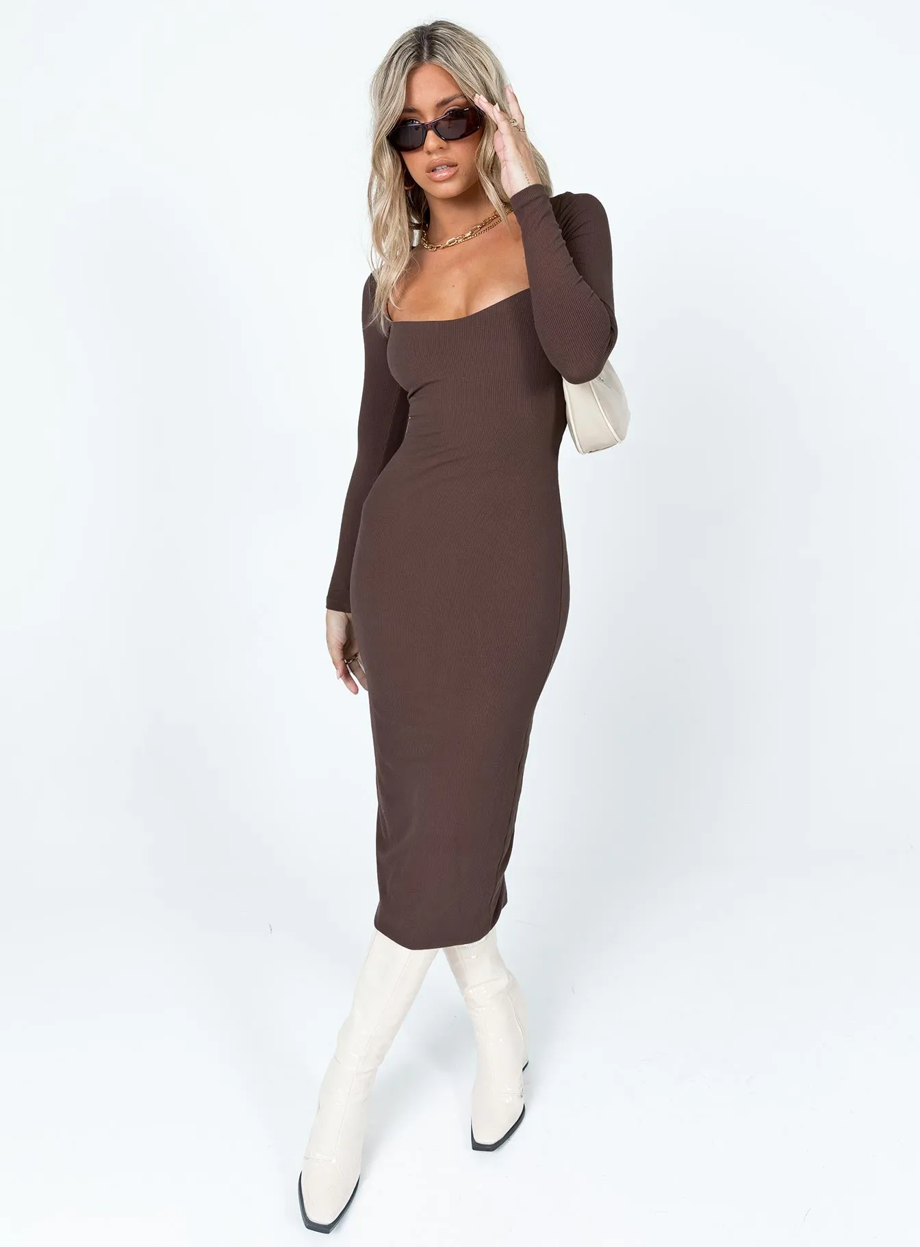 Velvet-Sleeve Style Base Nolan Midi Dress Brown