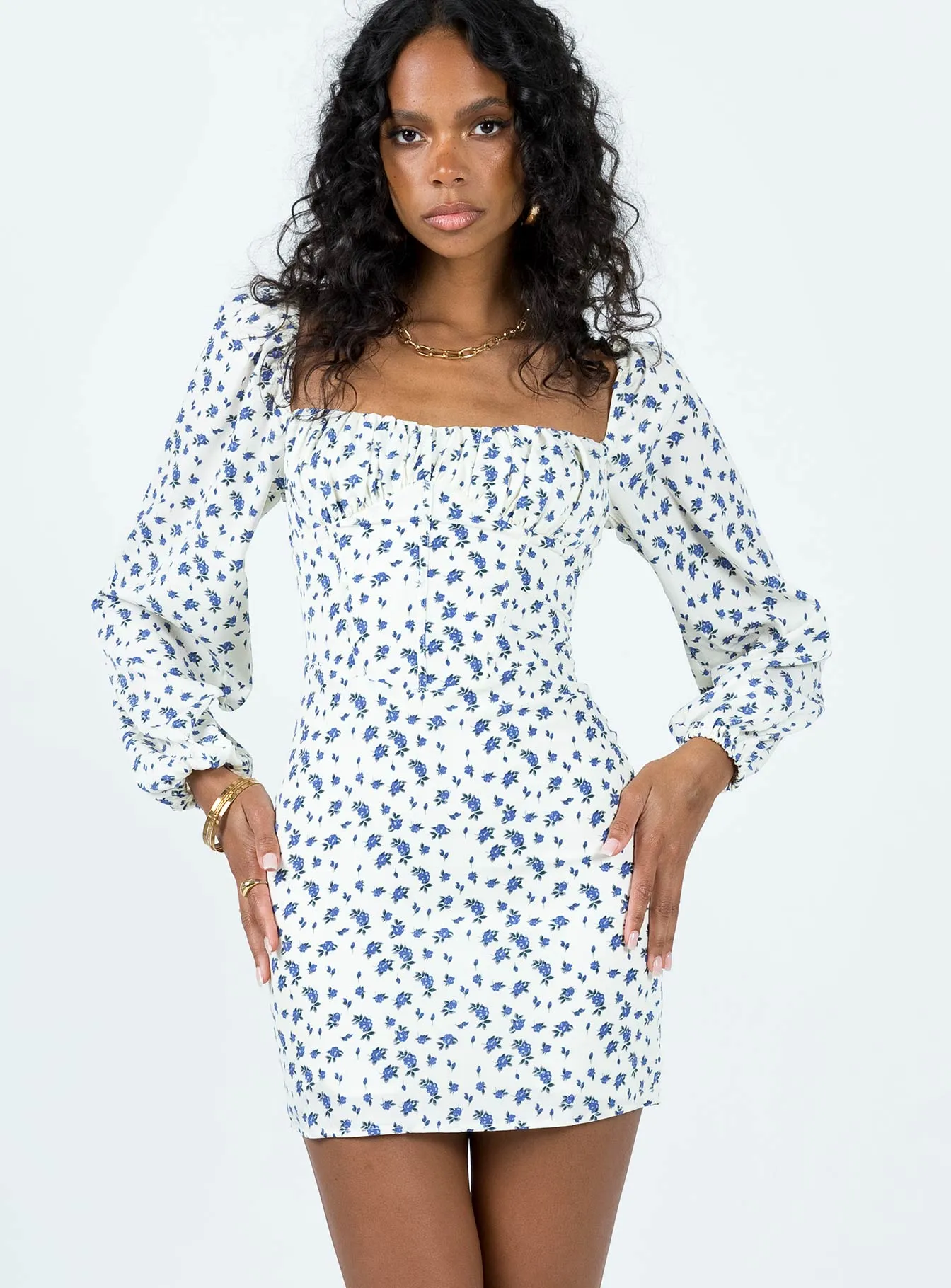 Sophisticated Edge Chic Tailoring Waist Vilma Long Sleeve Dress White Floral