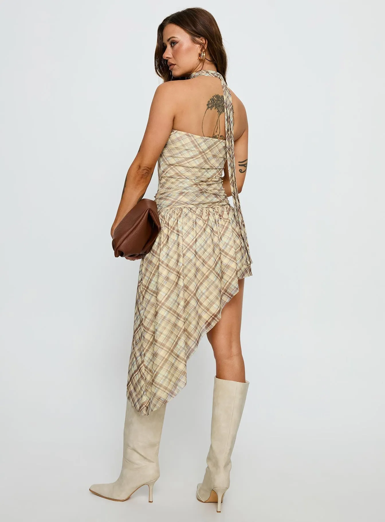 Bride Side Cambria Strapless Scarf Midi Dress Yellow Check