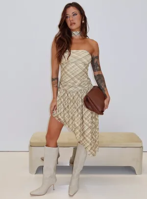 Neutral Flow Cambria Strapless Scarf Midi Dress Yellow Check