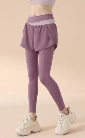 Fake Two Piece Color Blocking Workout Leggings with Shorts Spark Mood Photo Glam