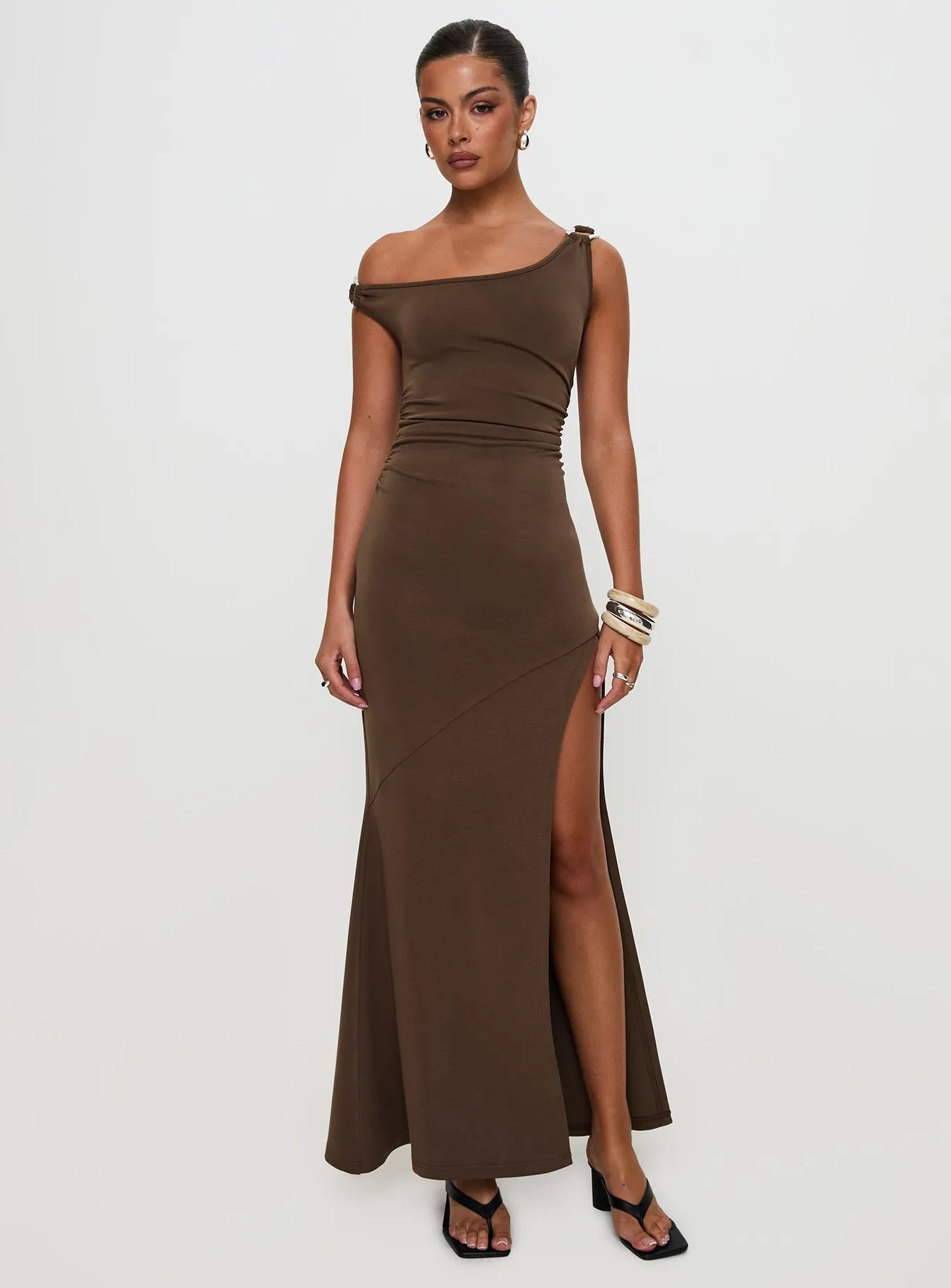 Rios One Shoulder Maxi Dress Brown Soft Feel