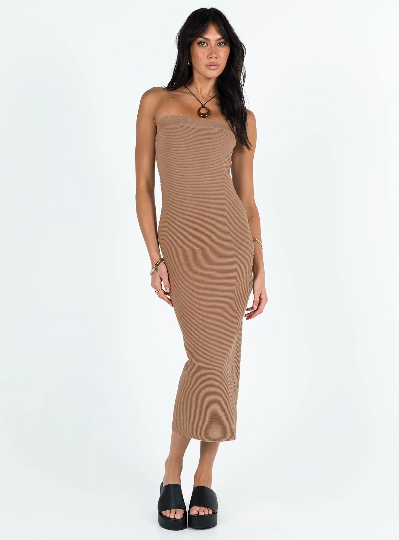 Vista Strapless Midi Dress Brown Contemporary Wear Texture Rich