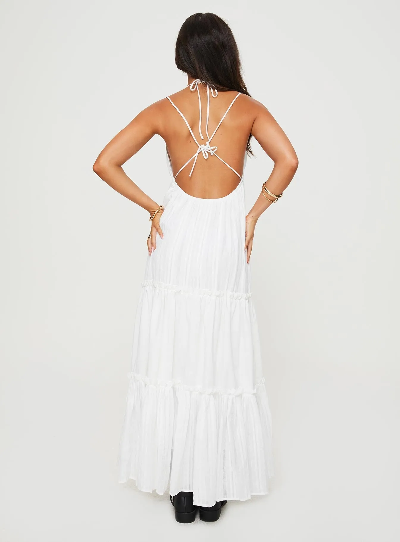 Desy Maxi Dress White Silky Touch Crystal-Detail