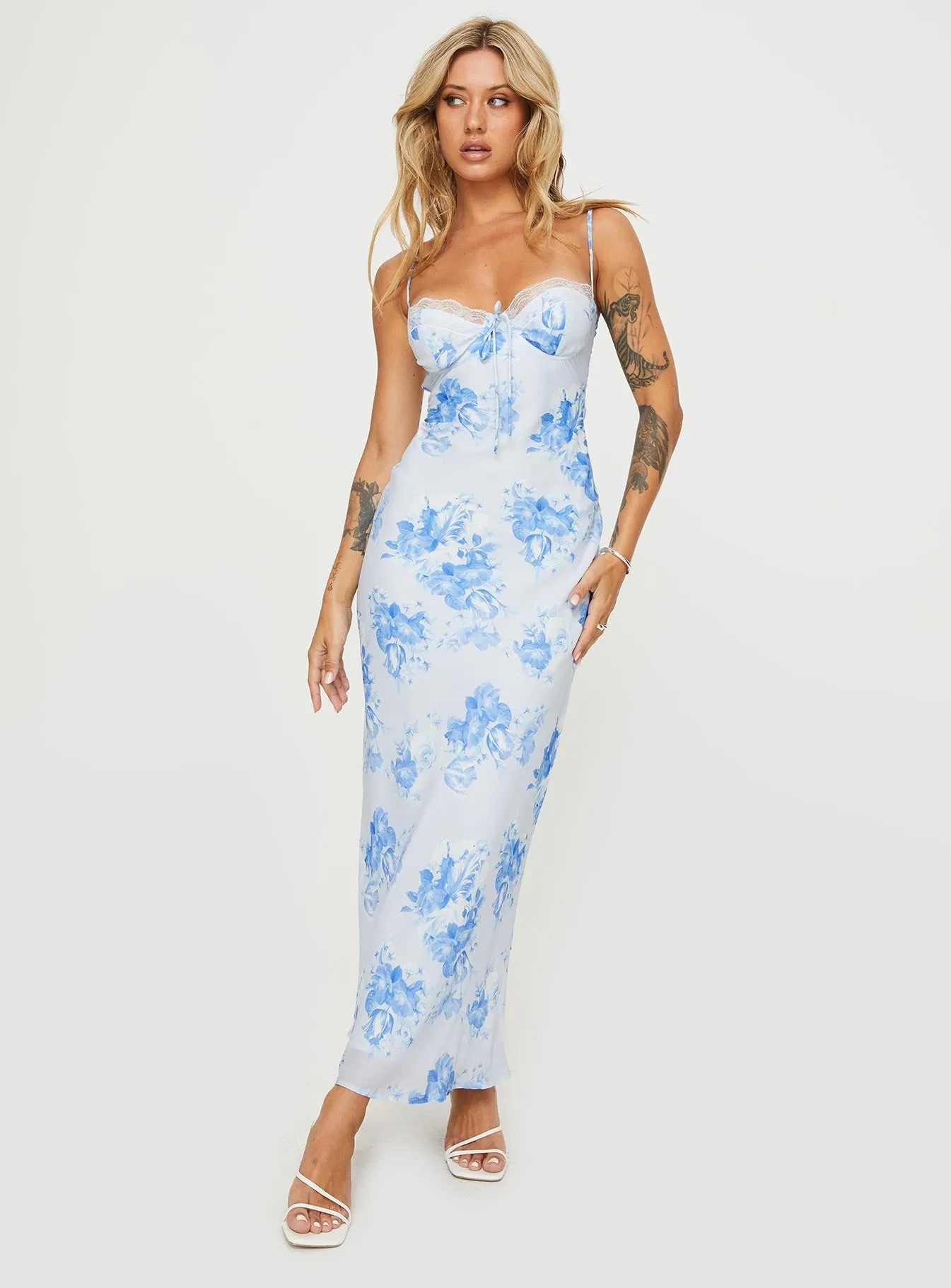 Hamri Maxi Dress White / Blue Floral Flawless Construction Sleek and Simple