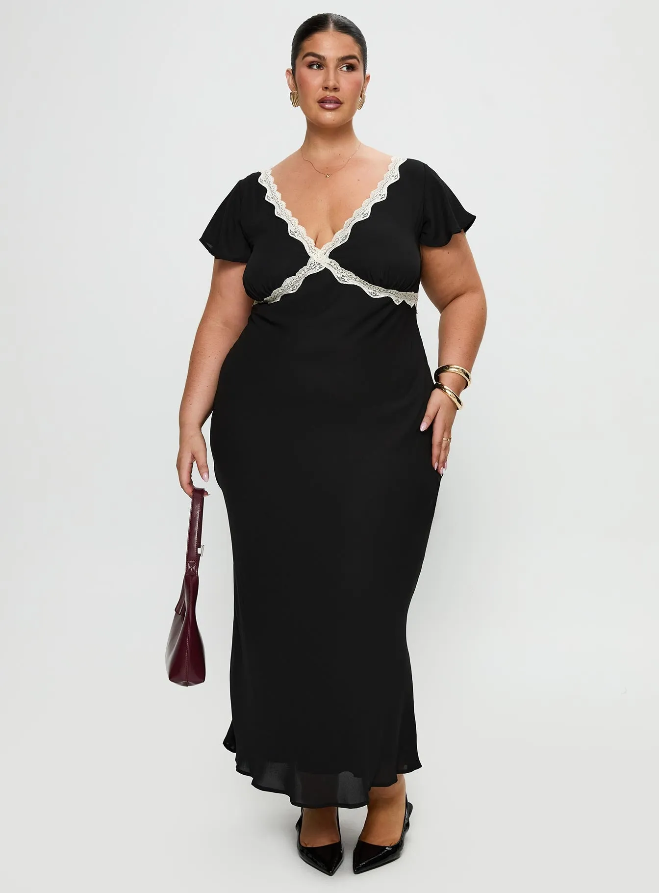 Barbarita Lace Maxi Dress Black Curve Satin-Edge Night Party