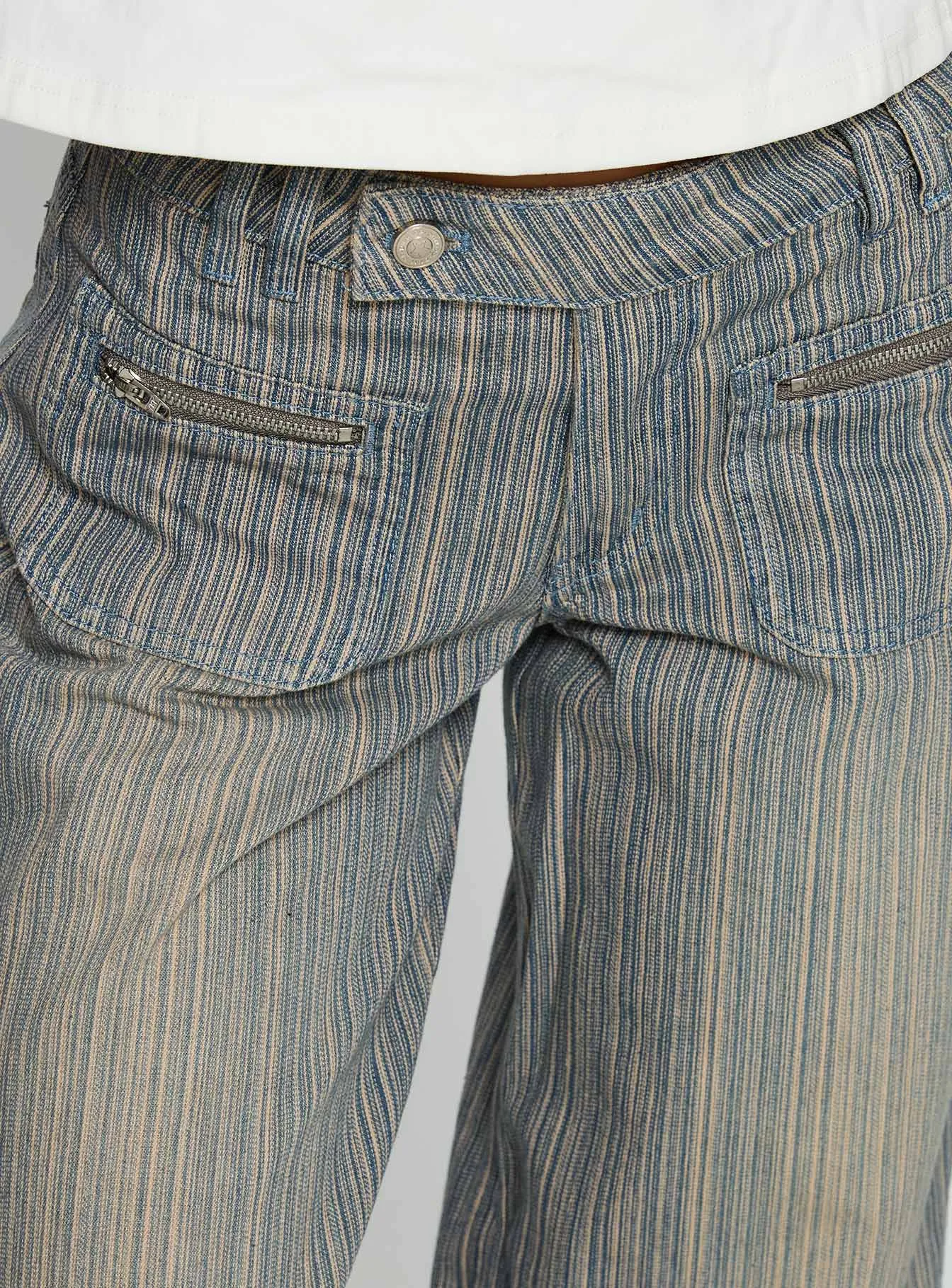 Smooth Edge Binding Lifetimes Mid Rise Wide Leg Cargo Jeans Dark Blue Stripe