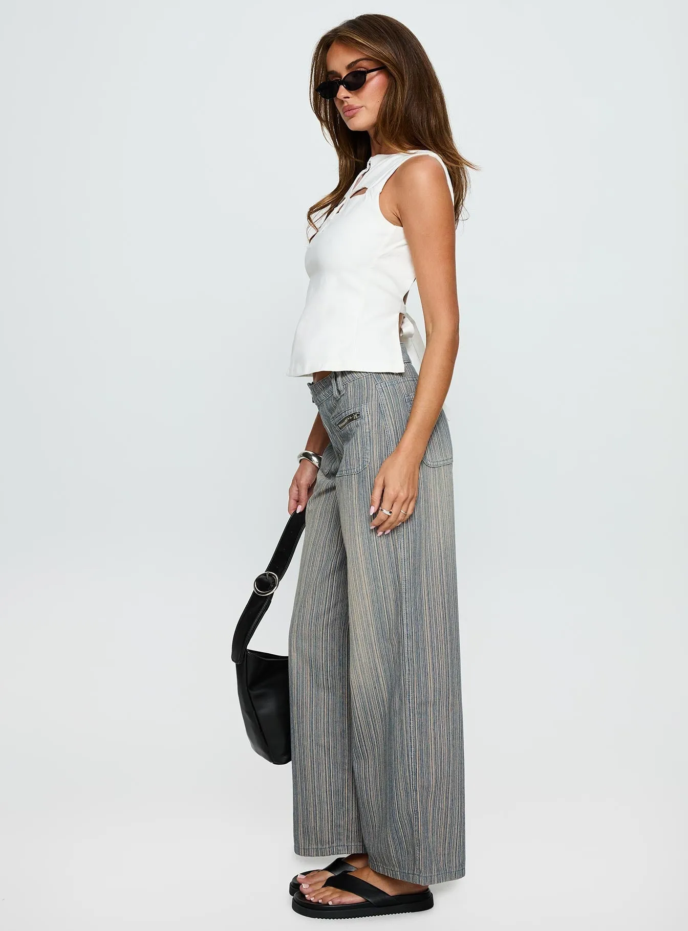 ShrinkResistant Lifetimes Mid Rise Wide Leg Cargo Jeans Dark Blue Stripe