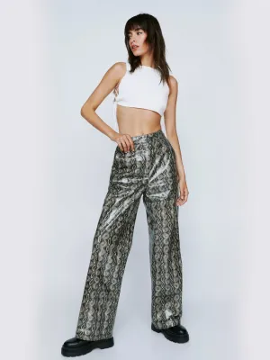 Women's Faux Leather Crocodile Printed Trousers,Grey WaterRepellent Chilly Wear