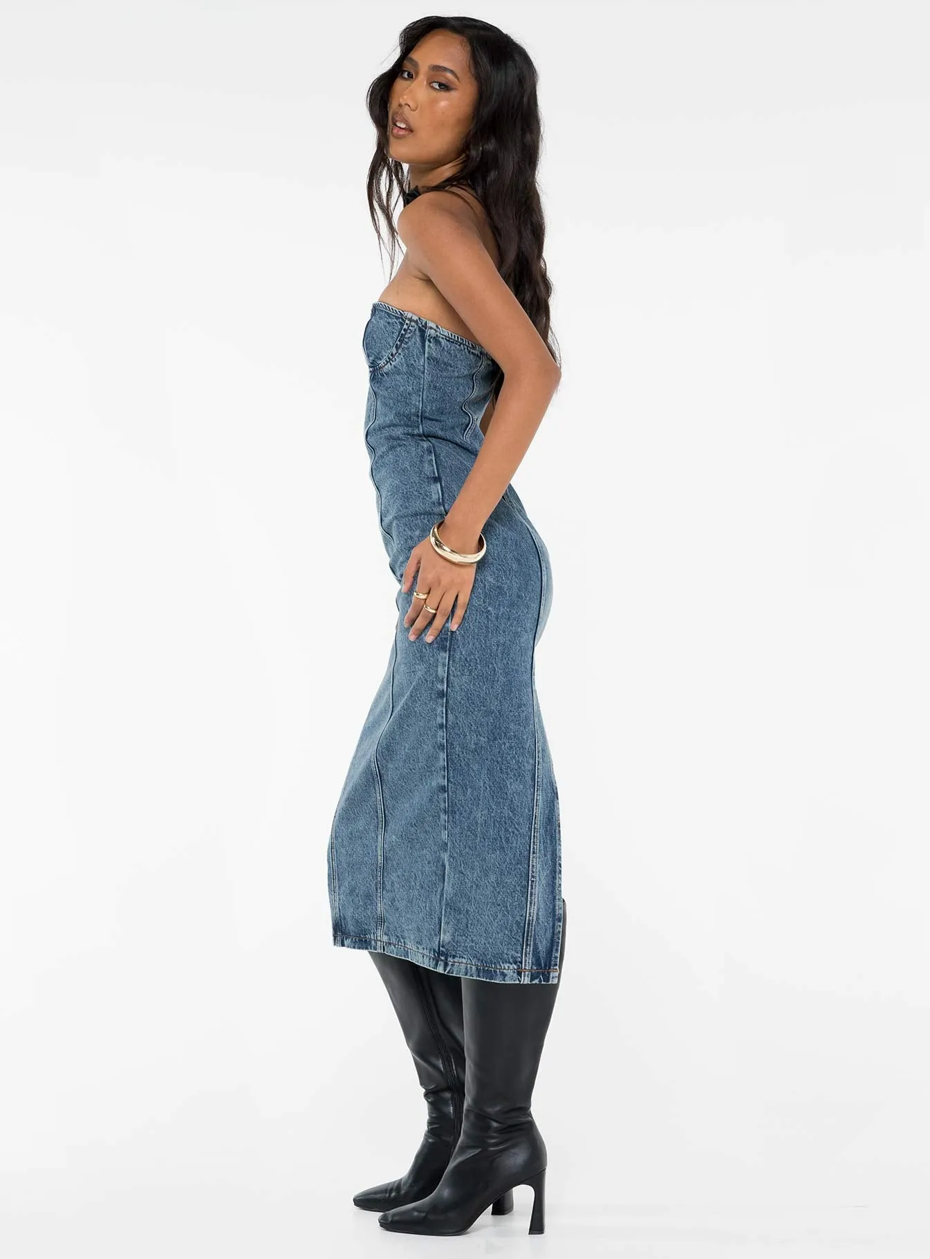 Midnight Mood Smokeshow Strapless Midi Dress Blue Denim