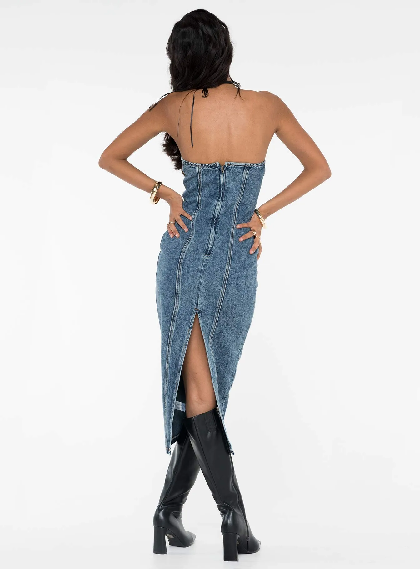 Sage Glow Smokeshow Strapless Midi Dress Blue Denim