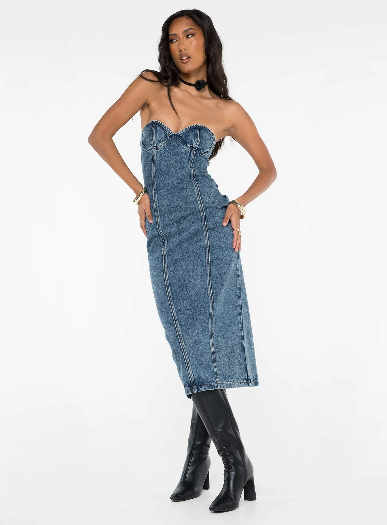 Smokeshow Strapless Midi Dress Blue Denim Gender Fluid Bold Patterns