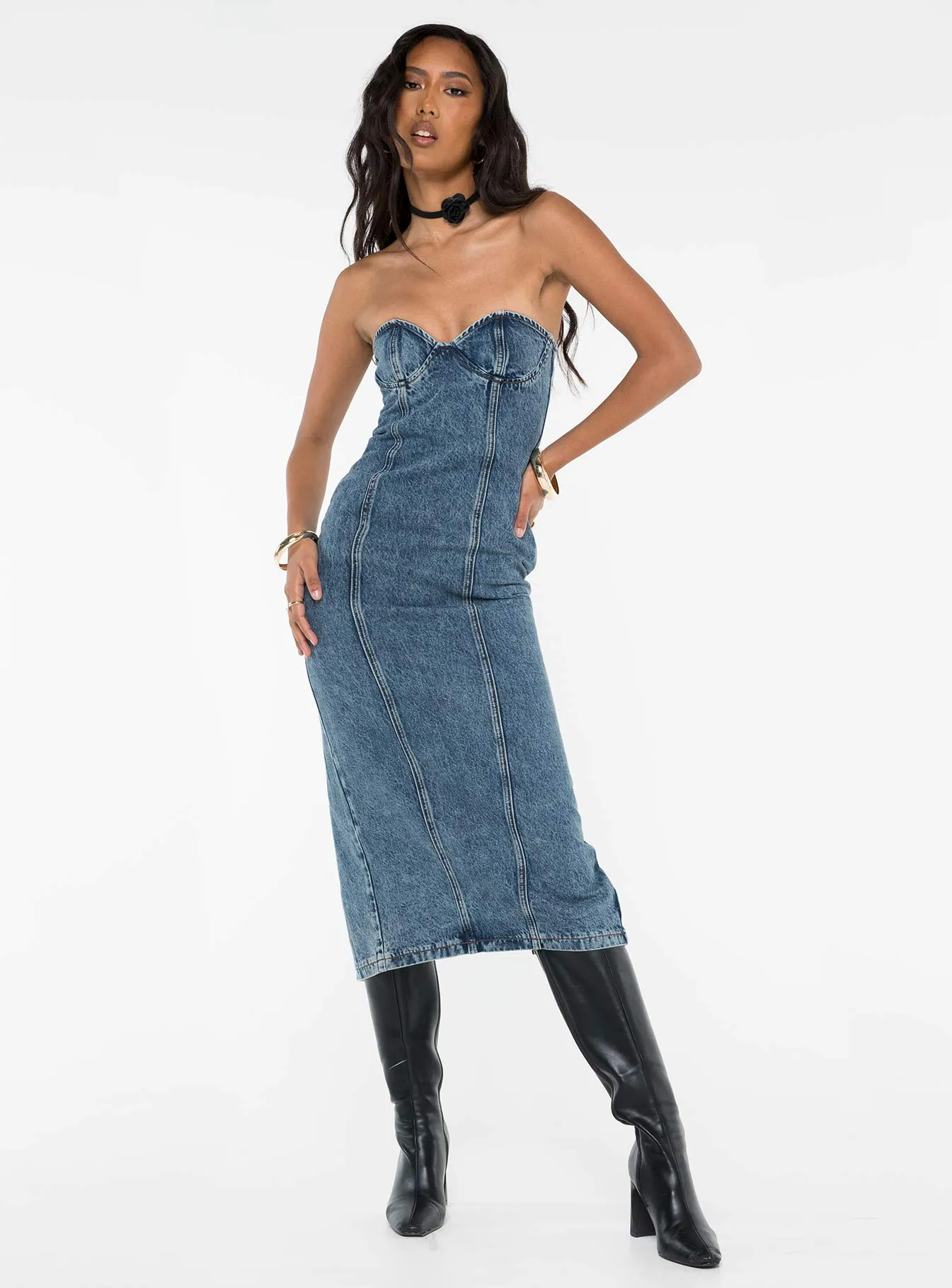 Bust-Enhancing Smokeshow Strapless Midi Dress Blue Denim