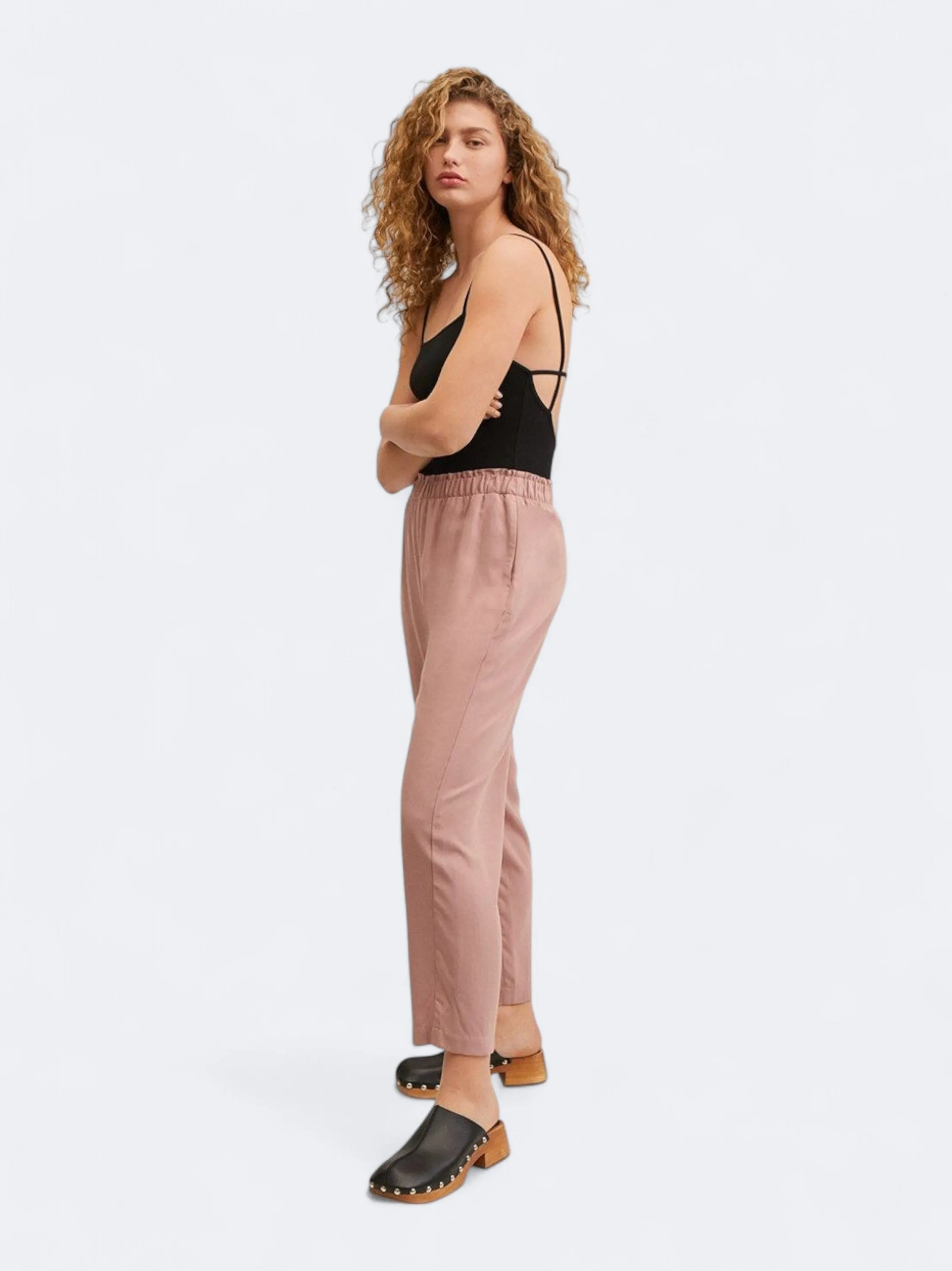 Lightweight Layer Versatile Look Women's Plain Fluido High Waist Wide Leg Pants,Pink