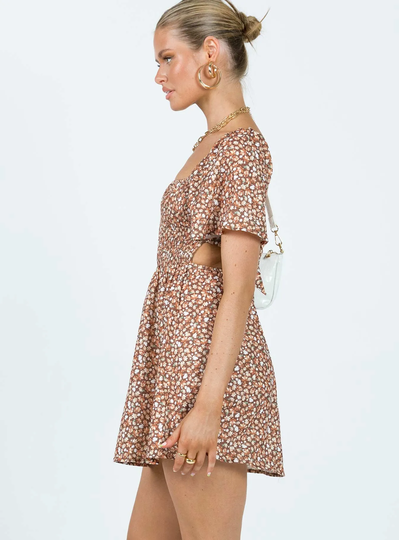 Comfort waistband Summer Nights Mini Dress Brown Floral