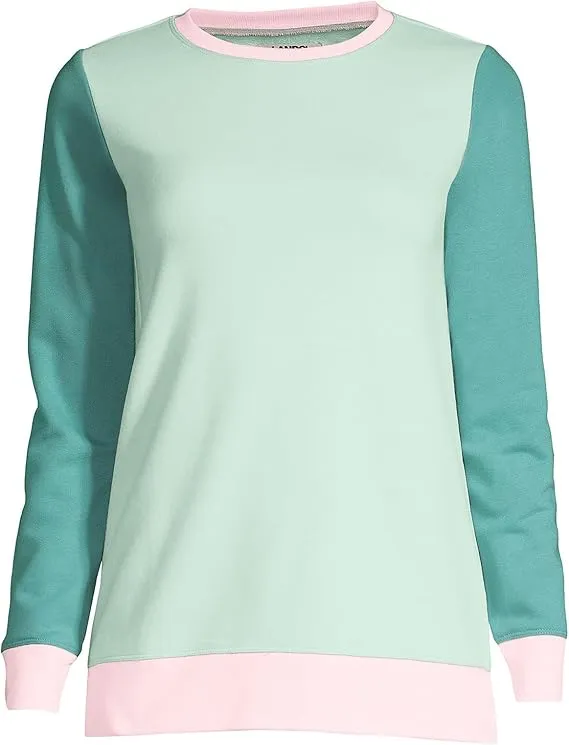 Trendy Comfort Wrinkle Resistant Lands' End Women's Long Sleeve Sweatshirt Tunic Soft Sea Green Color block Regular