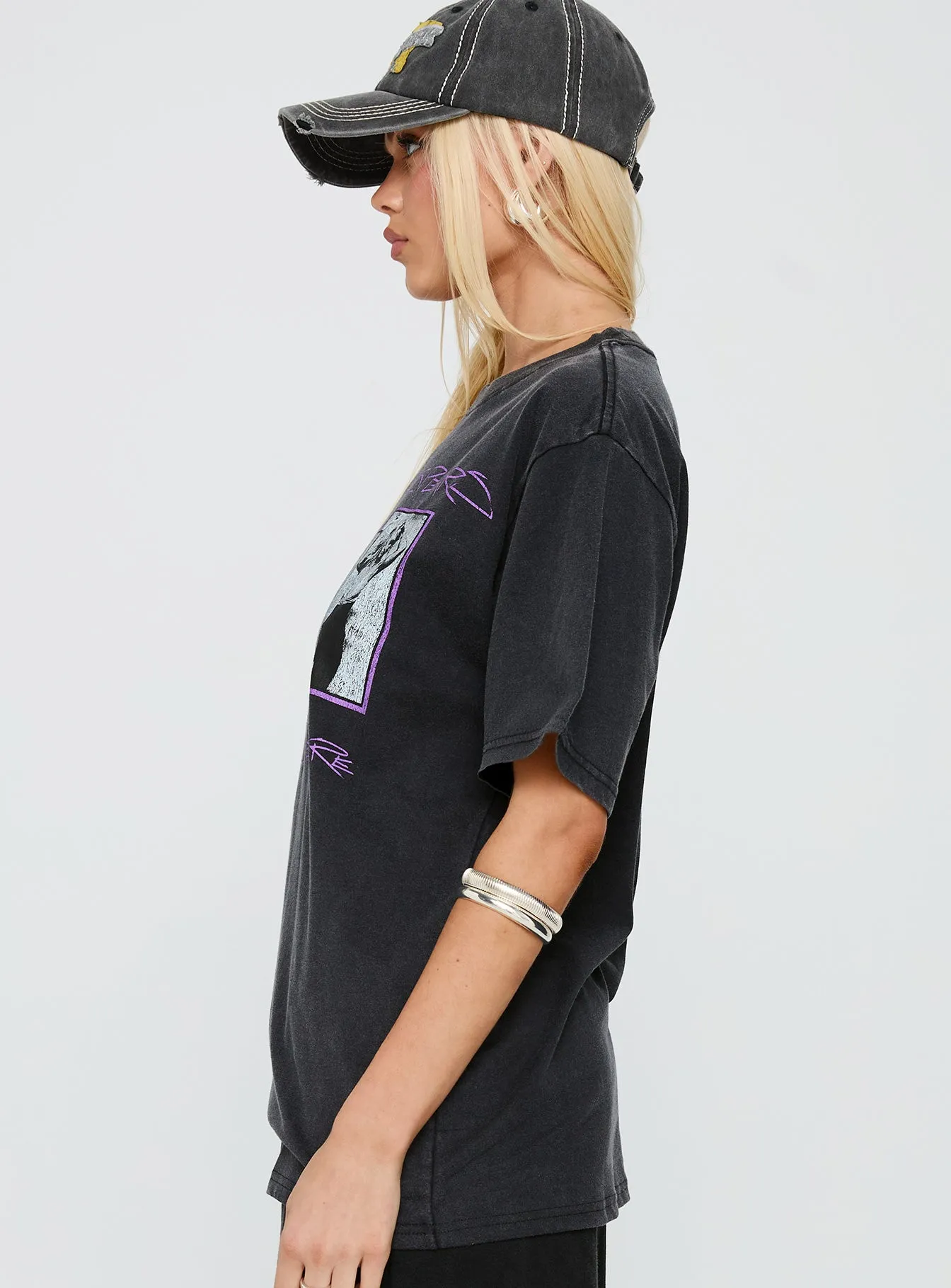 Soft Knit Trendy Fashion Britney Spears Gimme More Oversized Graphic Top Washed Black