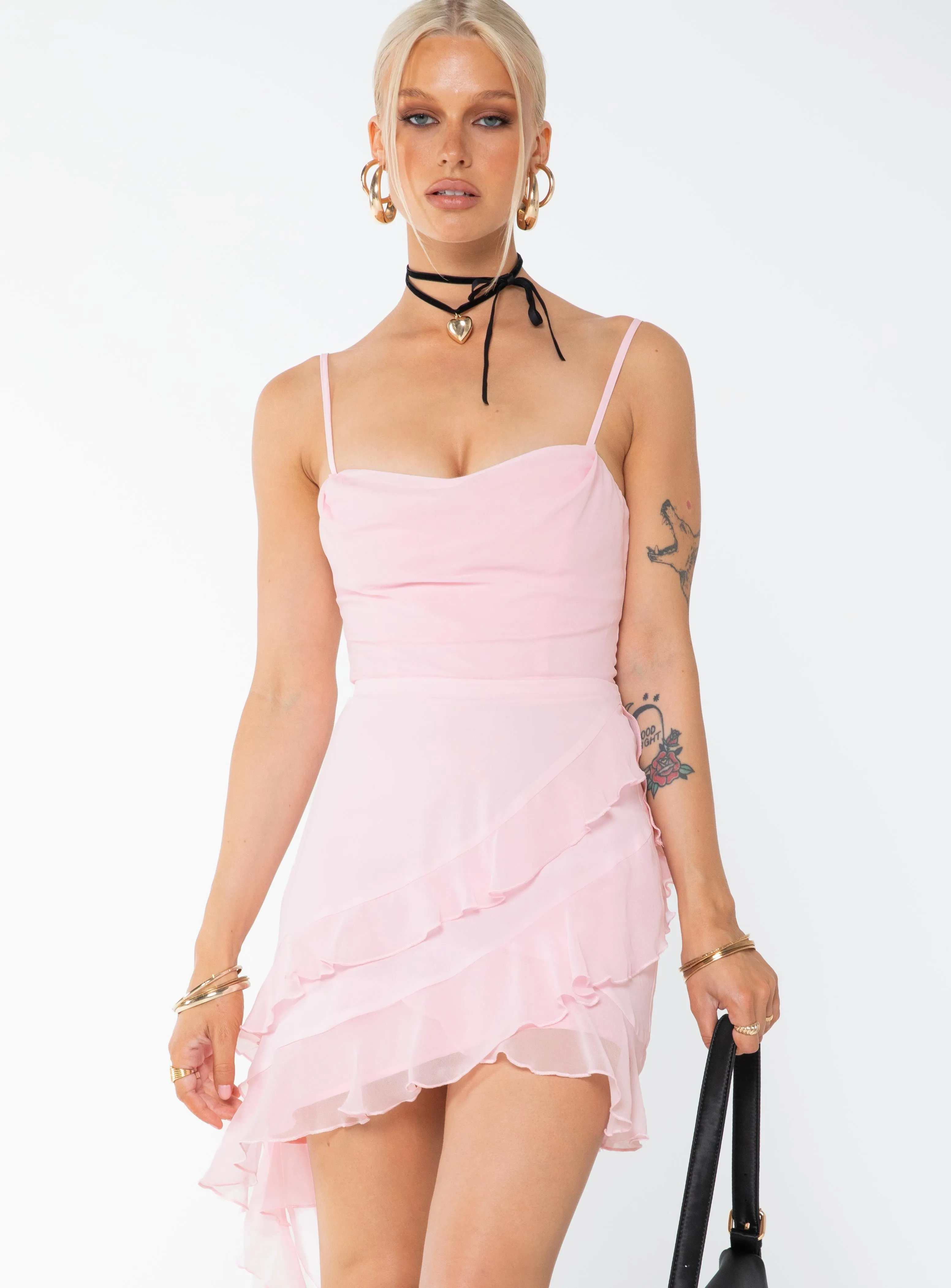 Sweetheart-Neck Sopha Frill Mini Dress Pink