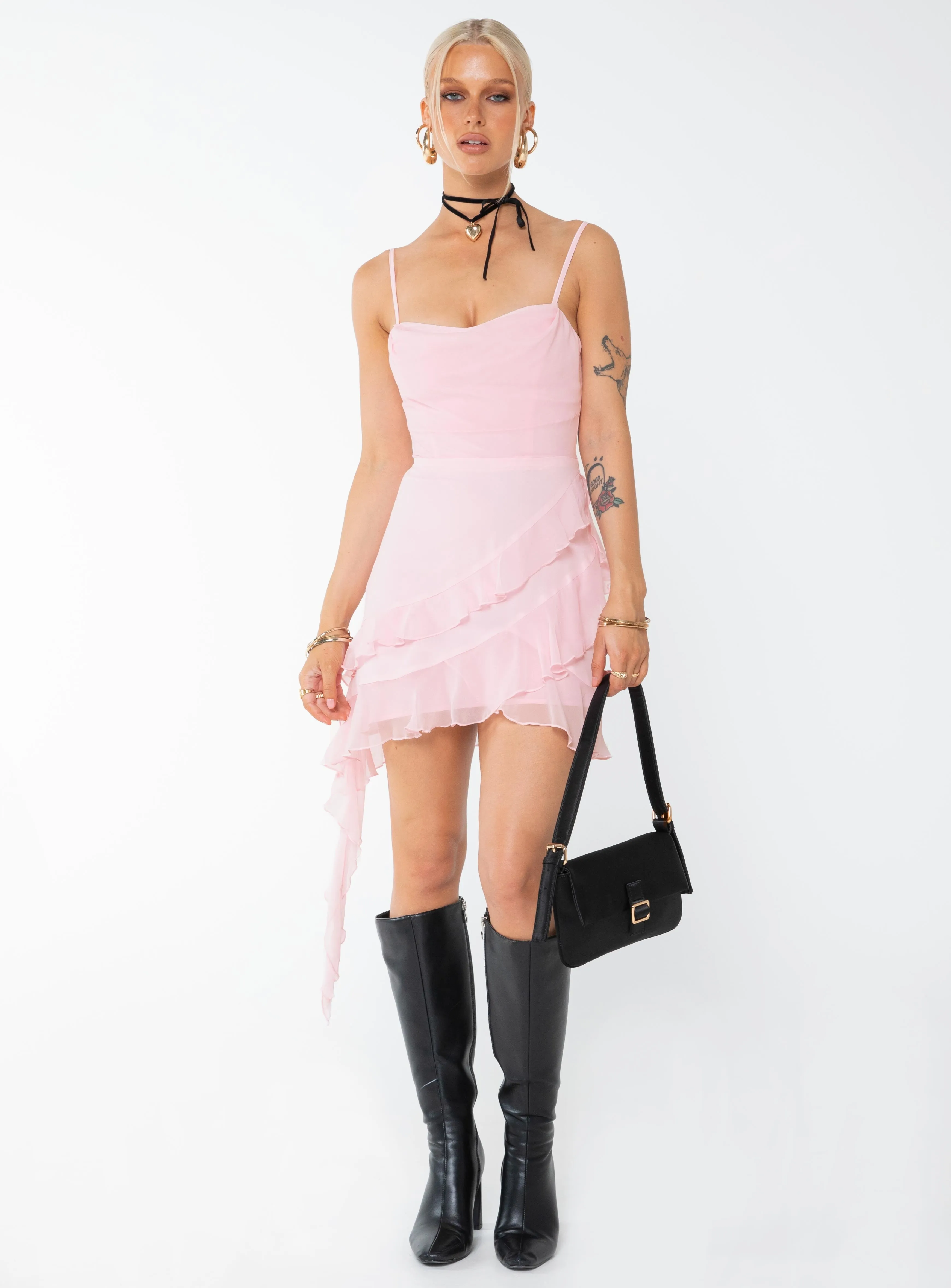 Fitted Neat Sopha Frill Mini Dress Pink