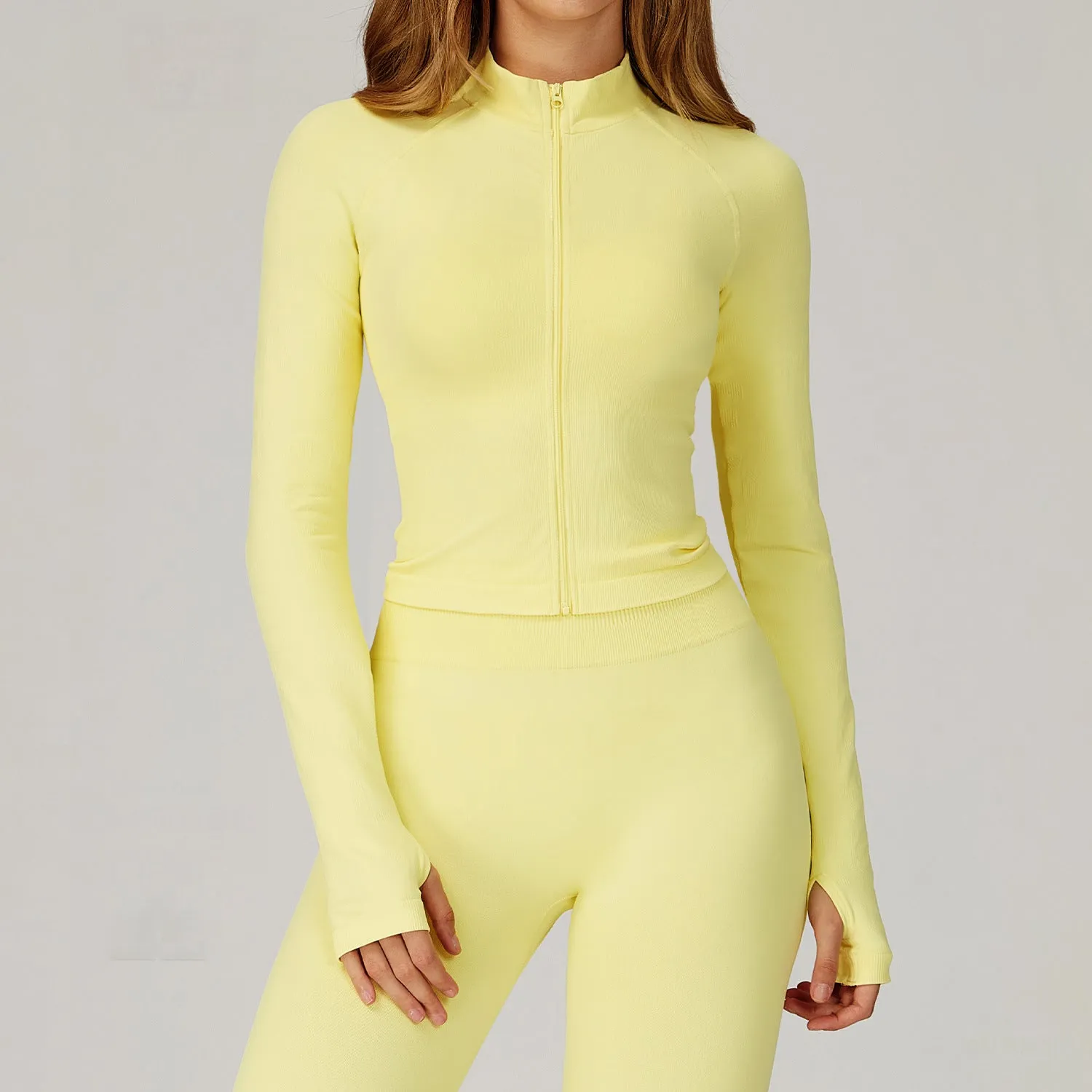 Recycle Glow Zip Up Slim Athletic Jacket Yoga Crop Top with Thumb Hole