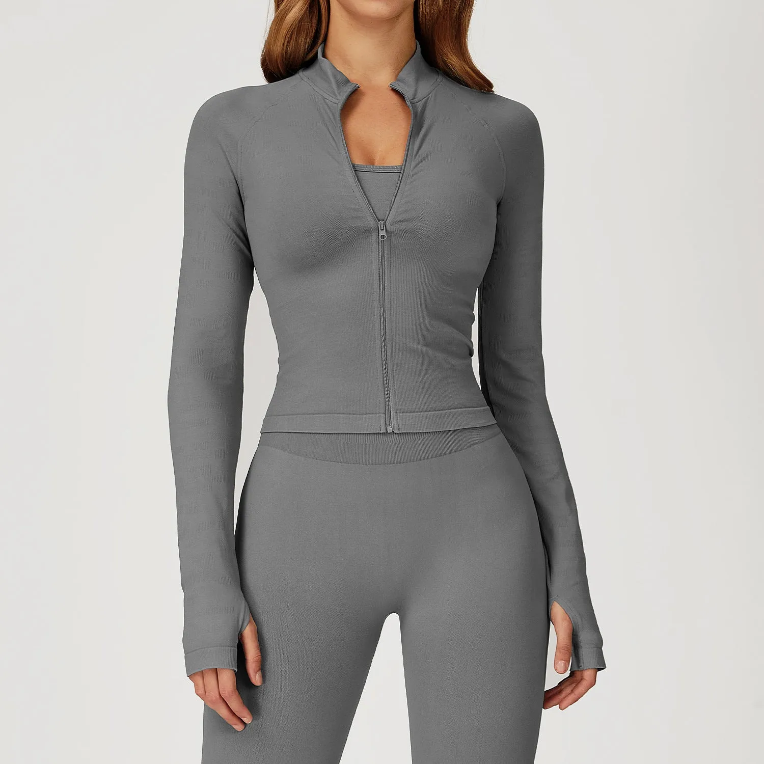 Zip Up Slim Athletic Jacket Yoga Crop Top with Thumb Hole SeamlessConstruction Trendy Fashion
