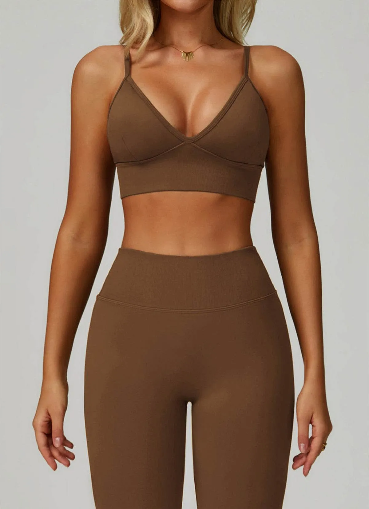 V Neck Adjustable Shoulder Straps Sports Bra Sunset Scene GridTexture