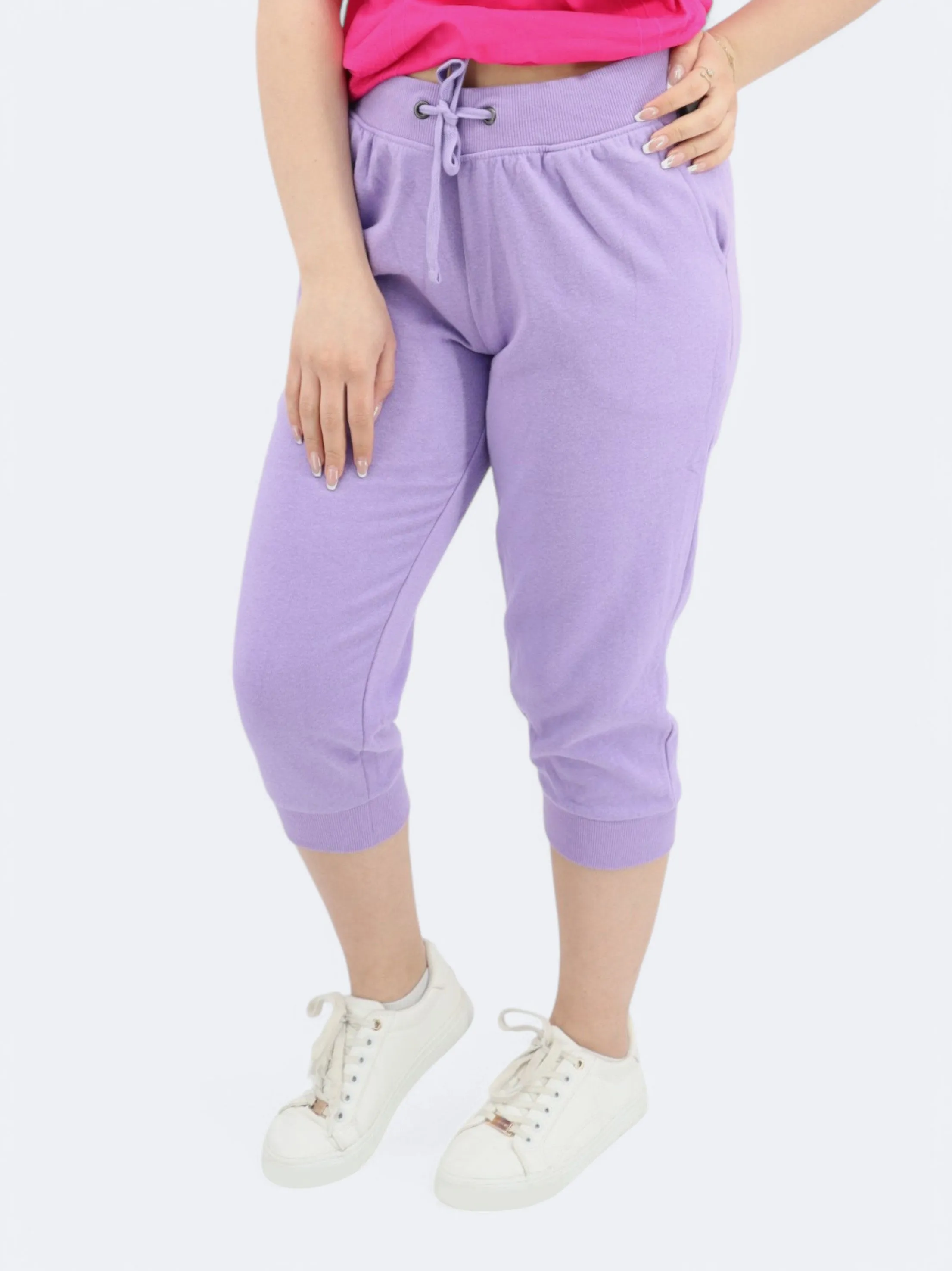 Supportive Waistband Layered Panel Design Women's Plain Capri Joggers,Purple