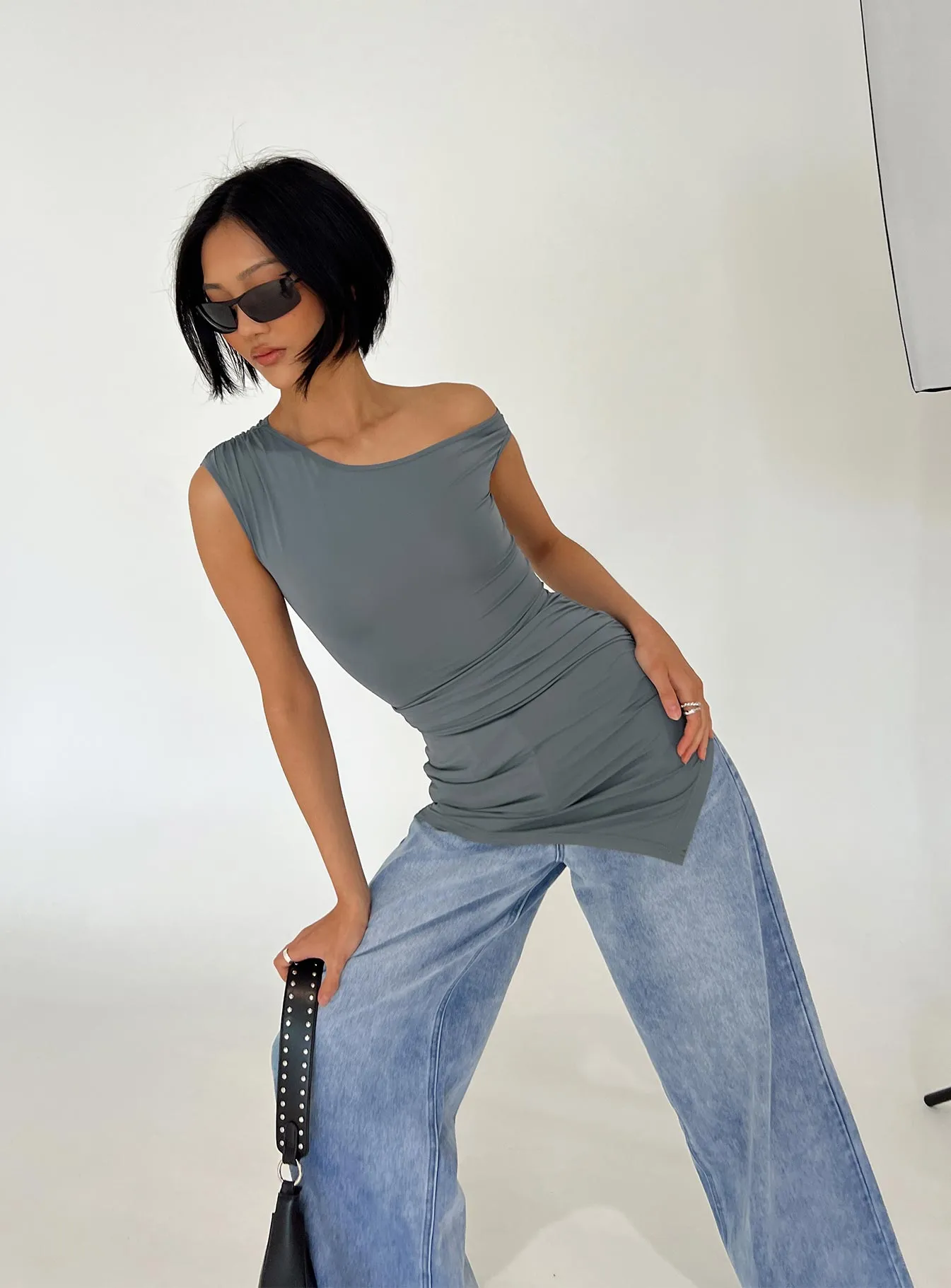 Ragan One Shoulder Mini Dress Grey Relaxed Movement Collared