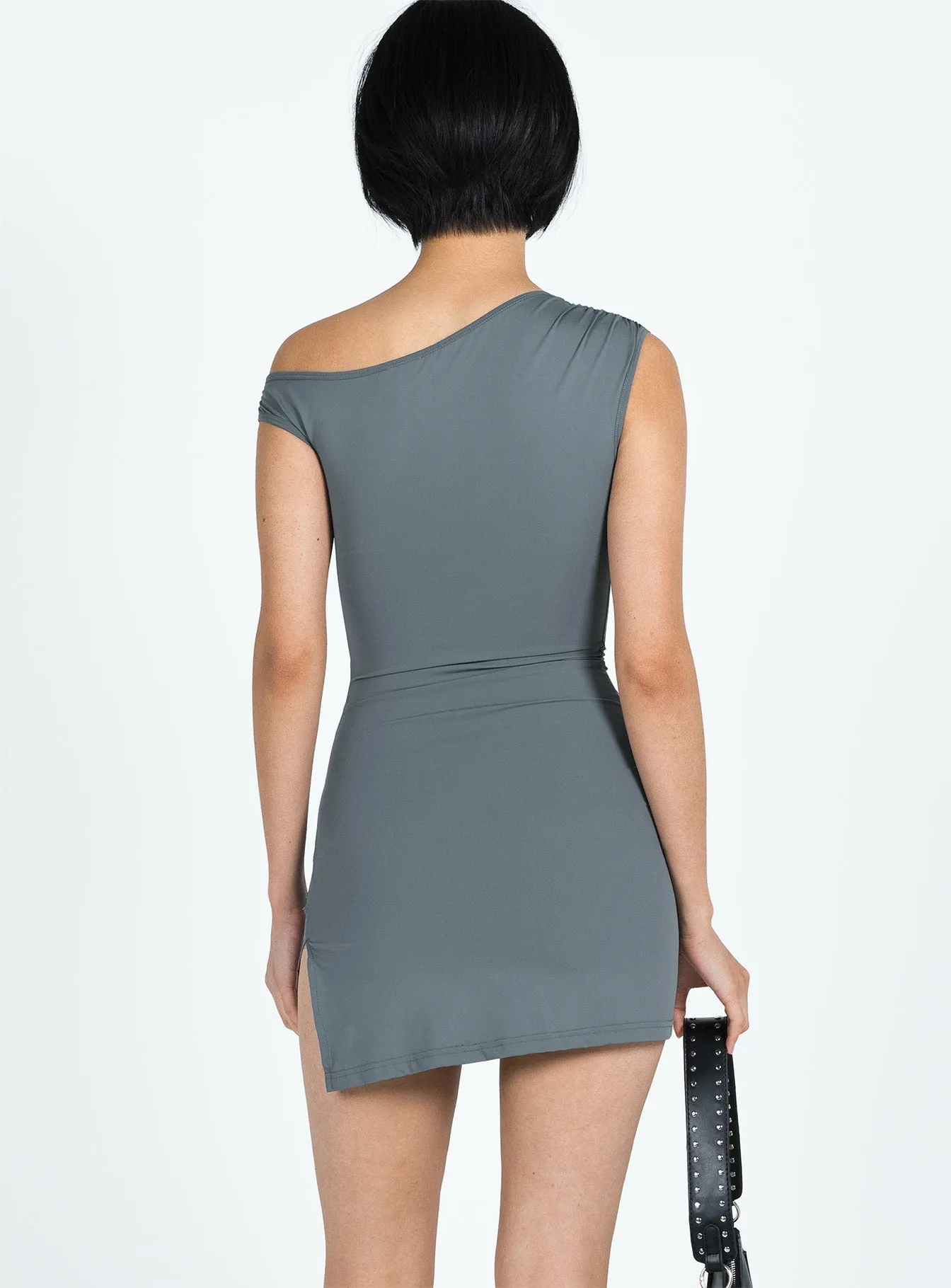 Semi Casual Nature Bloom Ragan One Shoulder Mini Dress Grey