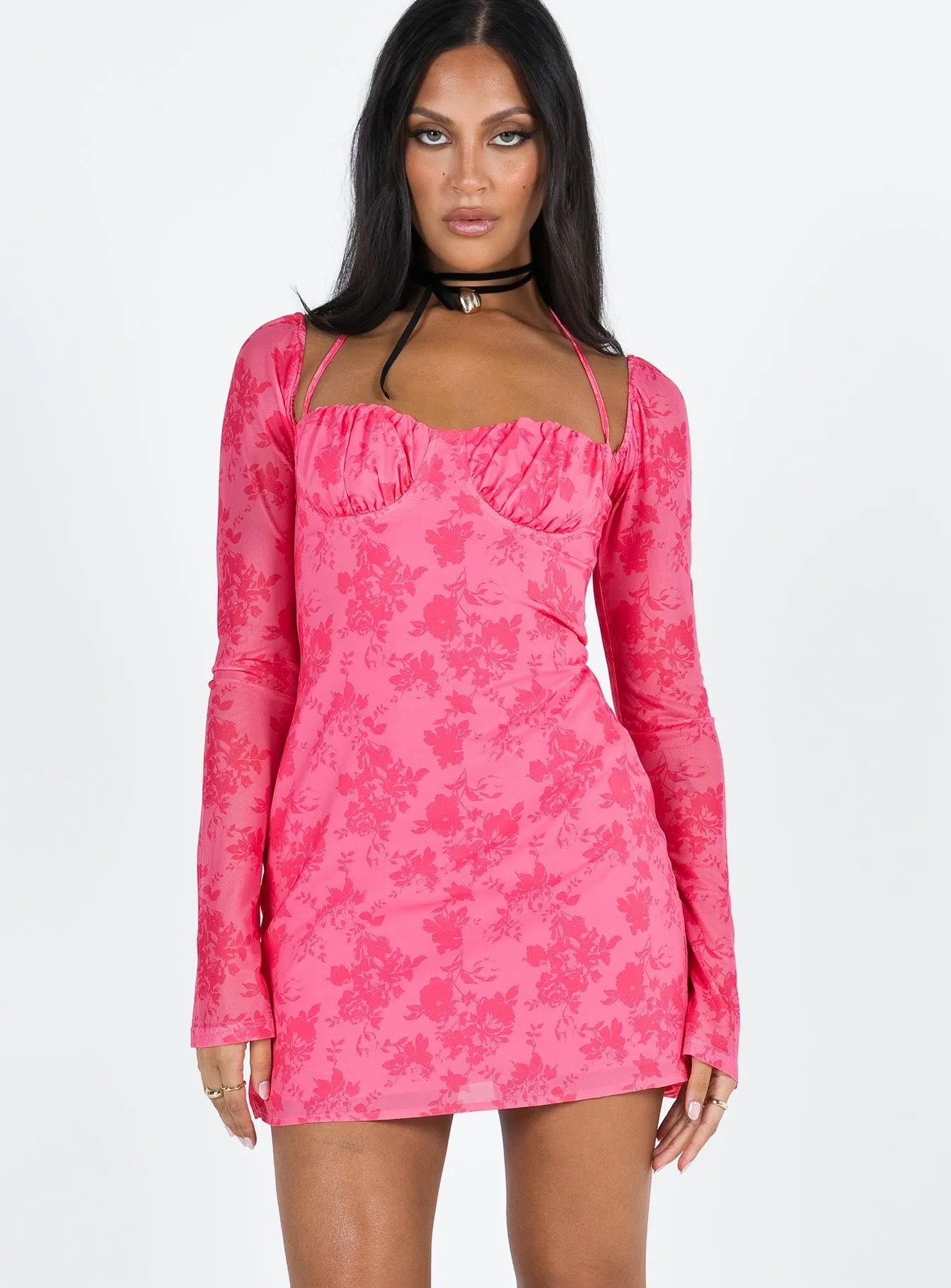 Dyer Sheer Sleeve Mini Dress Pink Floral Chic Comfort