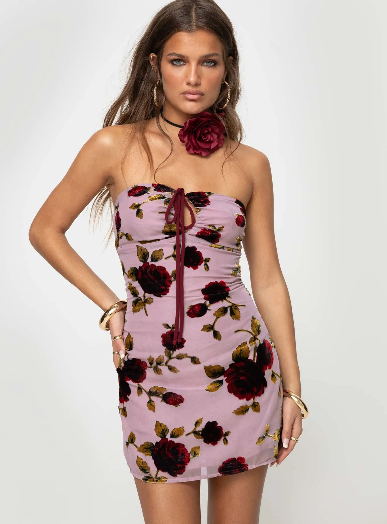 Romantic Soft Devino Flower Strapless Mini Dress Pink Multi