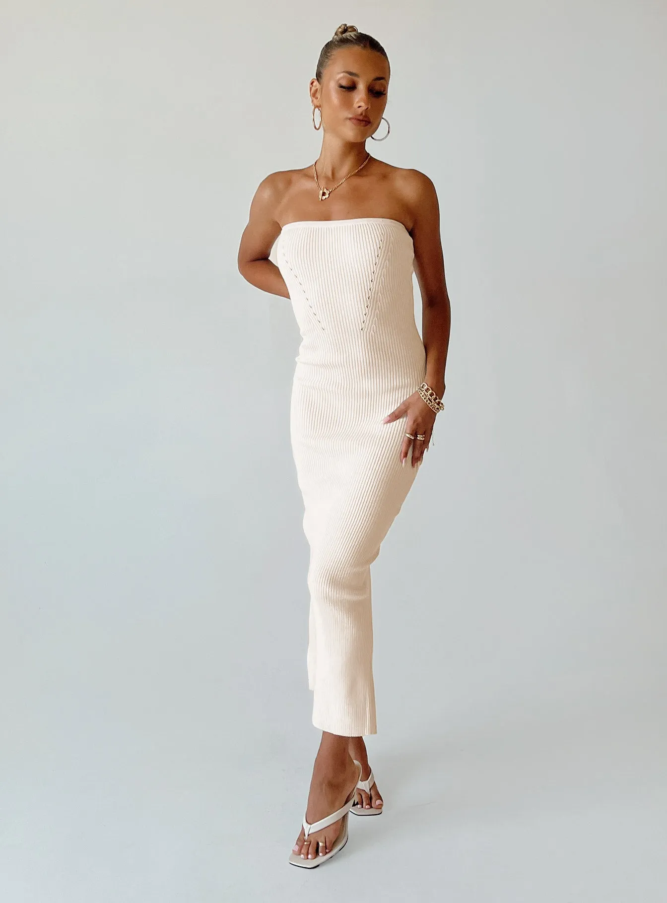 Jayan Strapless Midi Dress White Sharp Design Calm Aesthetic