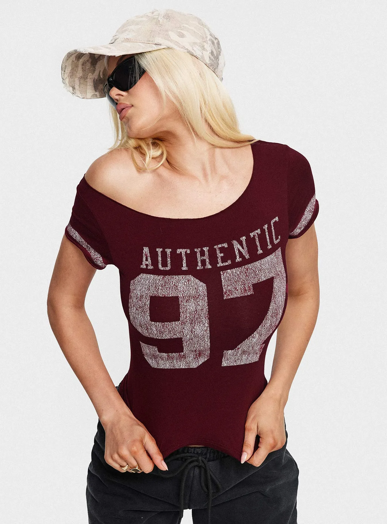 Layered Look Wear 97 Authentic Off Shoulder Graphic Top Maroon
