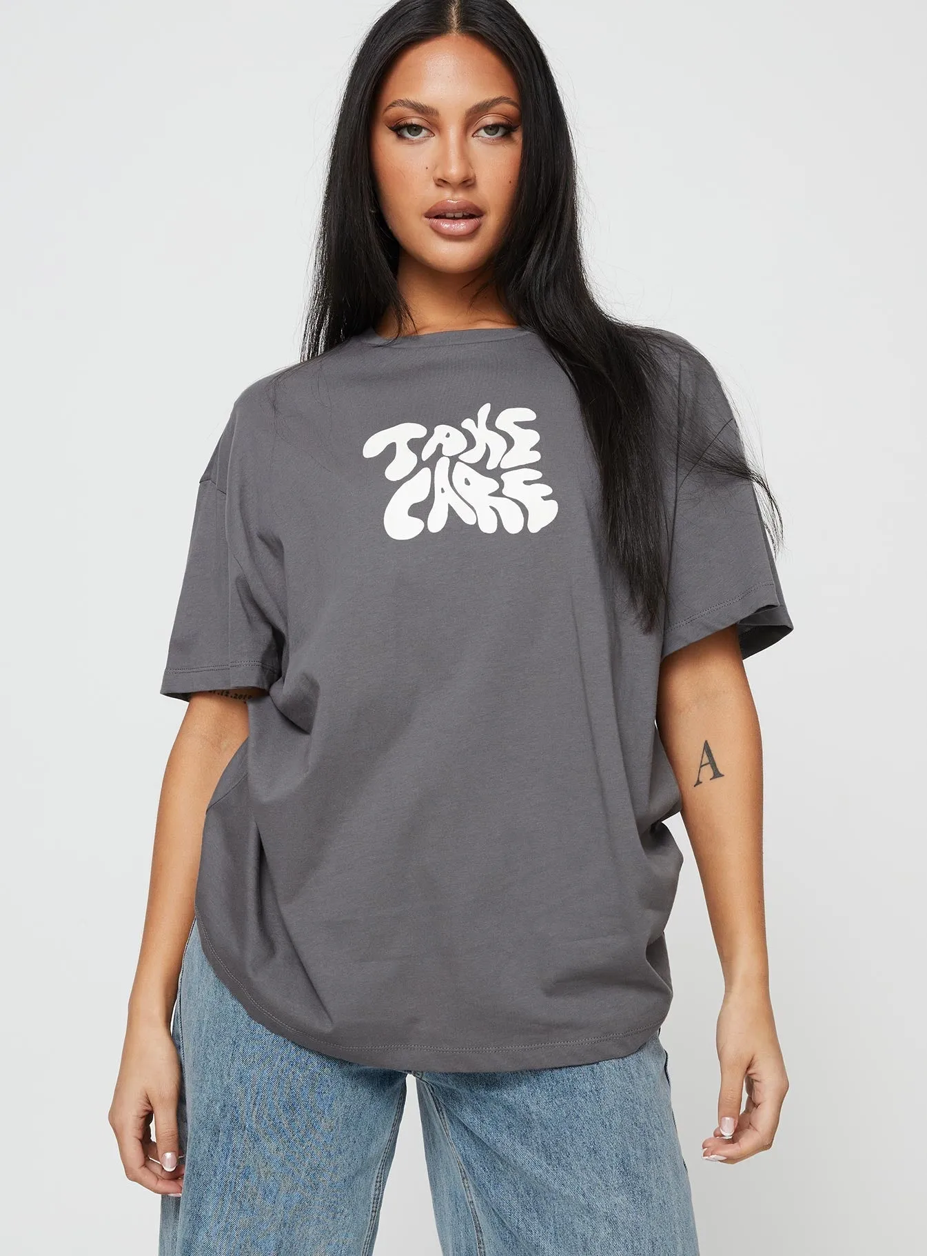 Adjustable Hem Seasonal Fashion Take Care Oversized Tee Grey