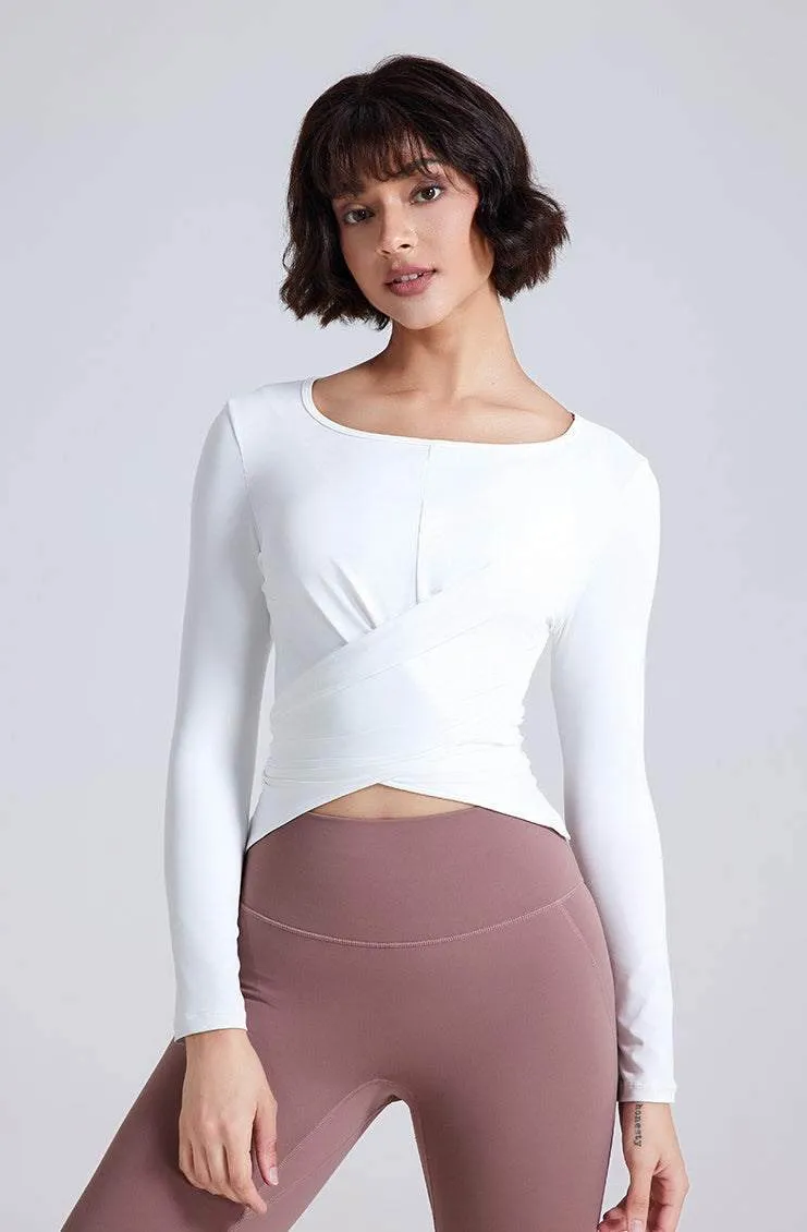 Cross Button Slim Yoga Long Sleeve T-Shirt Mature Charm Skin Hug