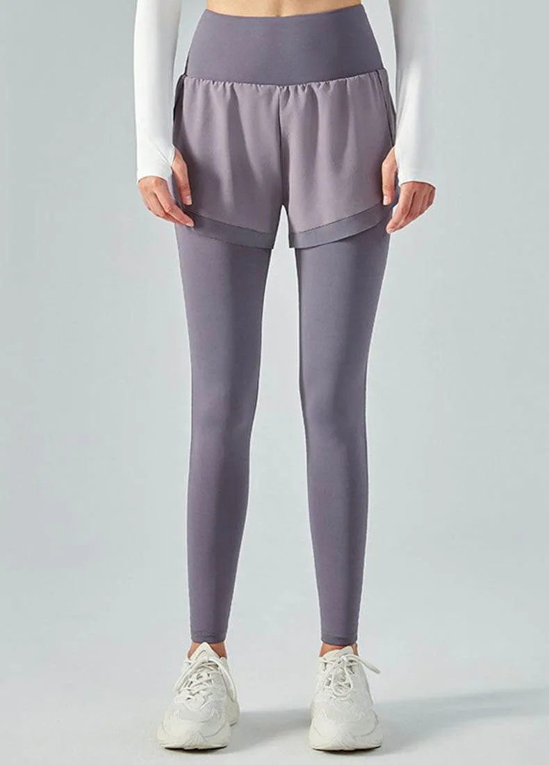 PreShrunkFabric Trendy Look False Two Pieces Sports Leggings with Pockets Shorts