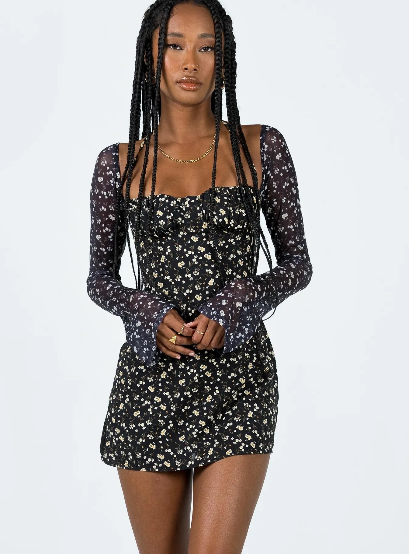 Dyer Sheer Sleeve Mini Dress Black Floral Pink Glow