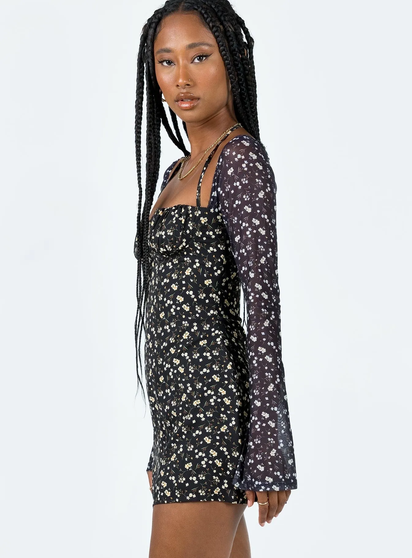 Dyer Sheer Sleeve Mini Dress Black Floral Fashion Look Light Fit