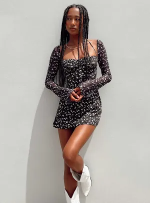 Layering Fit Dyer Sheer Sleeve Mini Dress Black Floral