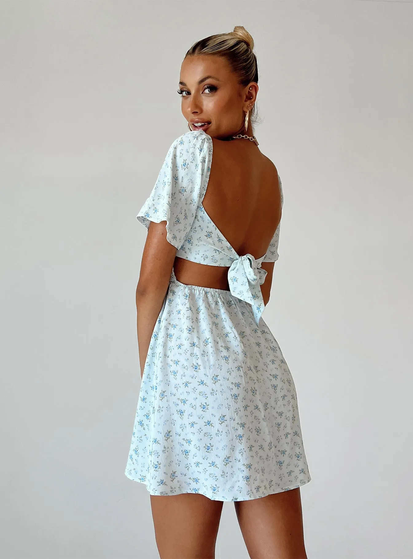 Summer Nights Mini Dress Blue Floral Short Sleeve