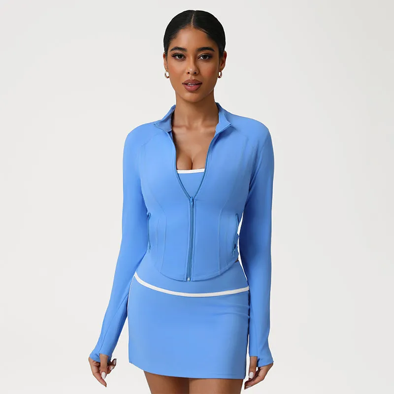 Effortless Fashion Full Zip UP Athletic Cropped Jacket with Thumb Holes