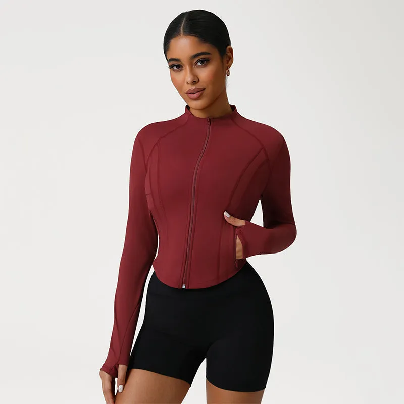 Durable Stitching Full Zip UP Athletic Cropped Jacket with Thumb Holes