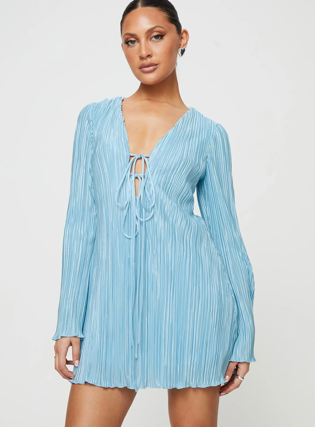 Daily Casual Malop Long Sleeve Mini Dress Blue